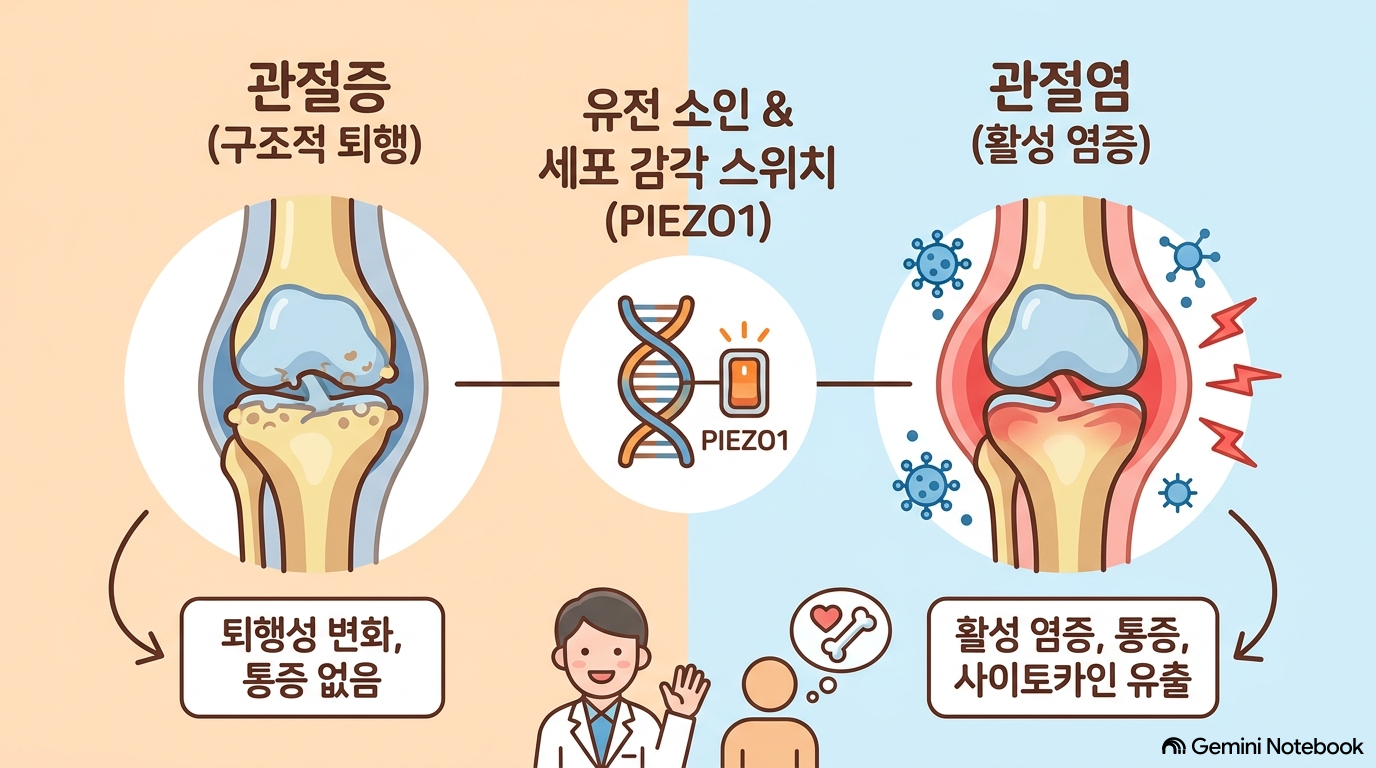 [그림 1] 관절증(구조적 퇴행) vs 관절염(활성 염증) 비교 도해