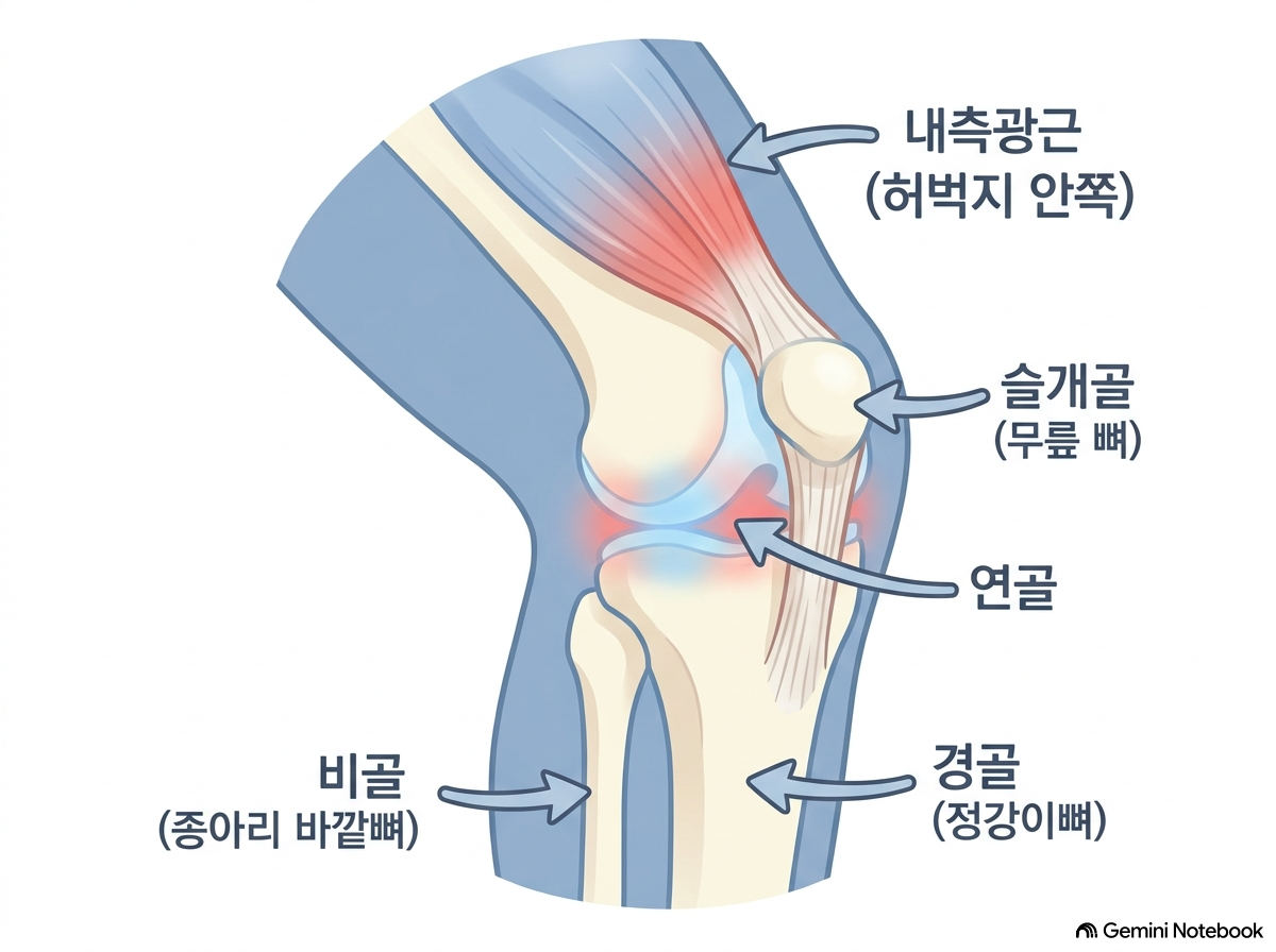 [그림 1] 슬개골의 해부학적 위치와 대퇴골 활차구 주행 구조
