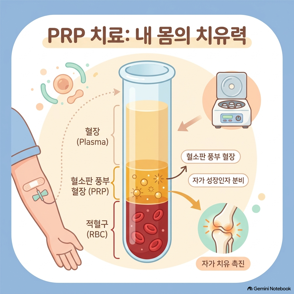 [그림 1] 자가혈소판 풍부혈장(PRP) 분리 및 조직 치유 메커니즘